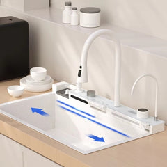 White Kitchen Workstation Sink with Waterfall Design, Temperature Display Faucet, Undermount Kitchen Sink