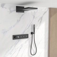 Xylivingstore Concealed Brass Thermostatic LED Display Shower Set – Ceiling Rainfall & Wall-Embedded Button Mixer for Bathroom or Hotel