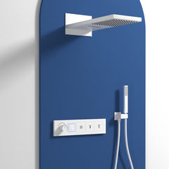 Xylivingstore Concealed Brass Thermostatic LED Display Shower Set – Ceiling Rainfall & Wall-Embedded Button Mixer for Bathroom or Hotel