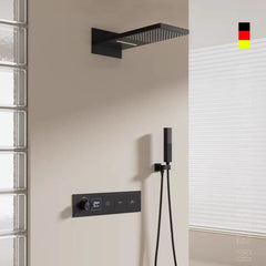 Xylivingstore Concealed Brass Thermostatic LED Display Shower Set – Ceiling Rainfall & Wall-Embedded Button Mixer for Bathroom or Hotel