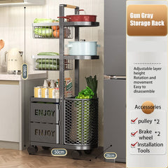 360° Rotating Carbon Steel Kitchen Storage Basket with Adjustable Height and Easy-Clean Design