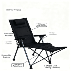 VLEEE Adjustable Folding Camping Chair, High-Back Reclining Outdoor Lounge Chair with Armrests, 200kg Capacity