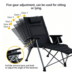 VLEEE Adjustable Folding Camping Chair, High-Back Reclining Outdoor Lounge Chair with Armrests, 200kg Capacity