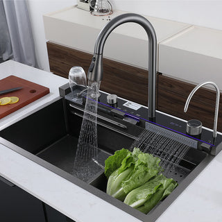 Deluxe Waterfall Workstation Kitchen Sink with Digital Temperature Display Faucet