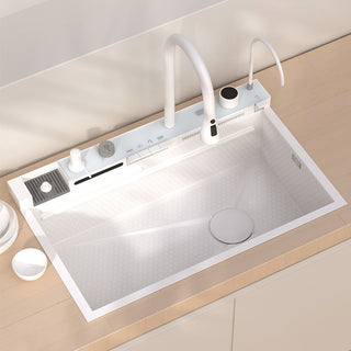 White Kitchen Workstation Sink with Waterfall Faucet and Temperature Display
