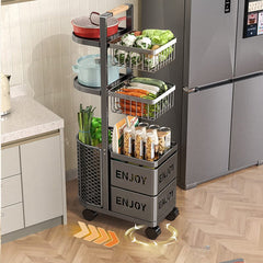360° Rotating Carbon Steel Kitchen Storage Basket with Adjustable Height and Easy-Clean Design