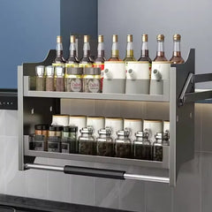 XYlivingstore Gun Ash Kitchen Cabinet Drop-Down Lift Basket – Up & Down Buffer Door Storage Rack for Spices and Seasonings