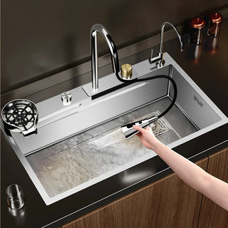 Silver 304 Stainless Steel Waterfall Kitchen Sink | Large Single Bowl Vegetable and Household Sink | Undermount Sink