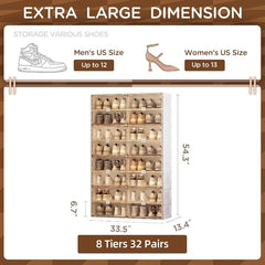 Stackable Portable Shoe Rack Organizer for Closet and Entryway, 8 Tiers, Holds 32 Pairs, Magnetic Clear Door with Lids