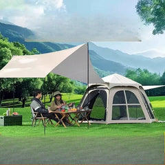 Portable Camping Tent Quick Setup, Foldable Hexagon Sunshade, UV-Proof Black Silver Coated, 3-5 Person Outdoor Shelter