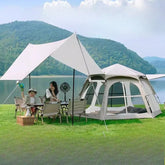 Portable Camping Tent Quick Setup, Foldable Hexagon Sunshade, UV-Proof Black Silver Coated, 3-5 Person Outdoor Shelter