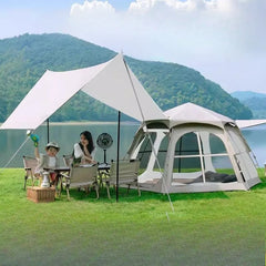 Portable Camping Tent Quick Setup, Foldable Hexagon Sunshade, UV-Proof Black Silver Coated, 3-5 Person Outdoor Shelter