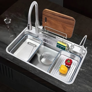 Silvery Stainless Steel Workstation Kitchen Sink Single Bowl Deep Handmade Drop-In & Undermount Sink