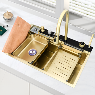 Gold Kitchen Workstation Sink with Waterfall Faucet and Temperature Display
