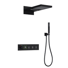 Xylivingstore Concealed Brass Thermostatic LED Display Shower Set – Ceiling Rainfall & Wall-Embedded Button Mixer for Bathroom or Hotel