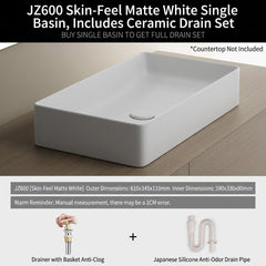 Minimalist Square Countertop Bathroom Sink, Matte White Ceramic Vessel Basin for Modern Bathroom Vanity