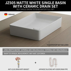 Minimalist Square Countertop Bathroom Sink, Matte White Ceramic Vessel Basin for Modern Bathroom Vanity