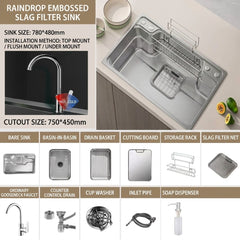 Multi-Functional Stainless Steel Kitchen Sink 30.71"×18.90" Single Bowl Workstation Sink