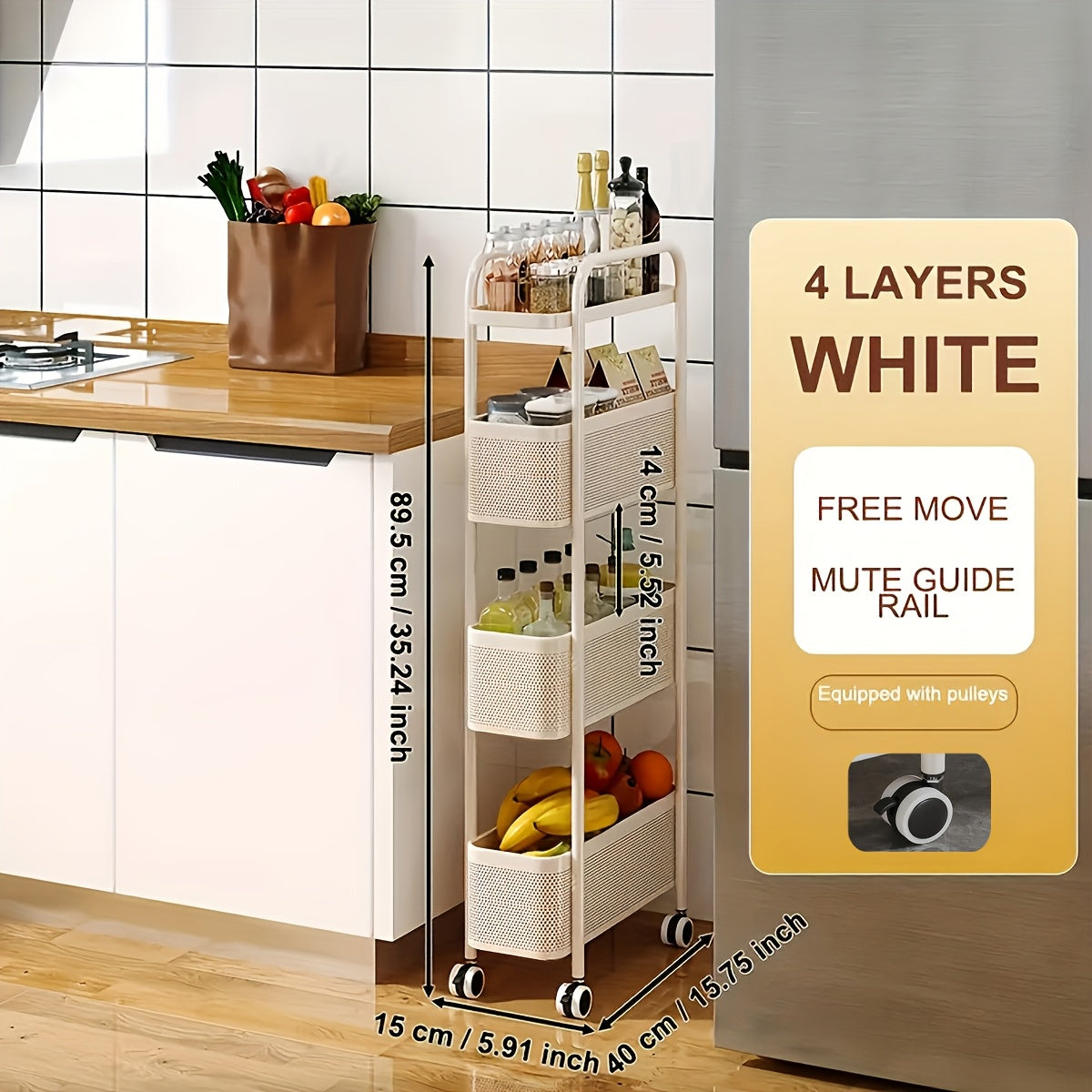 1pc Movable Cart Narrow Gap Storage Practical Shelf Crevice 4-Layer Storage Shelf with Handrail Shelf with 360° Rotating Pulley Suitable for Kitchen/Bathroom/Bedroom/Next to Refrigerator Storage Carbon Steel Material White,