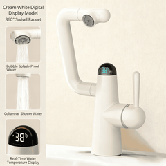 Anti-Splash Brass Faucet with Rotating Design, Digital Display & Modern White/Gunmetal Finish – Smart Bathroom Tap