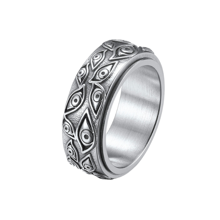 Vleee Innovative Stainless Steel Ring: Vintage Japanese Mythical Design with Engraved Eyes for Men, showcasing creative craftsmanship.