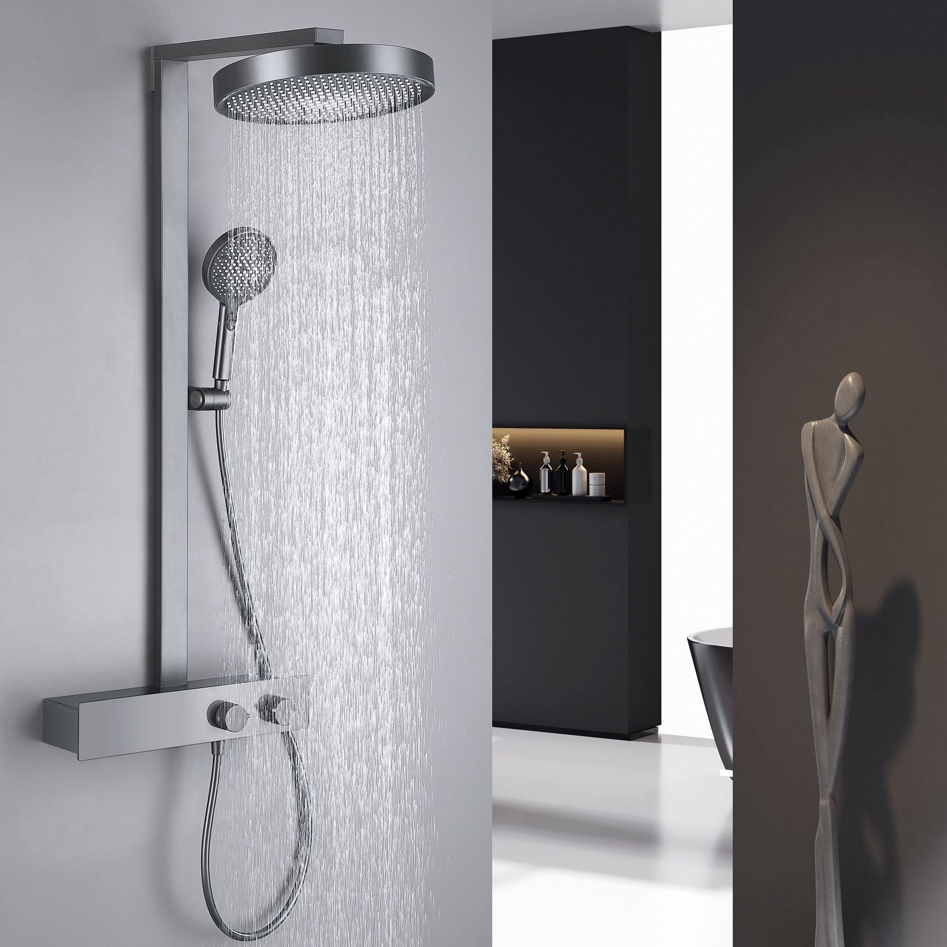 VLEEE Wall-Mounted Shower Faucet Set, 3-Function Handheld Shower with Brass Mixer Faucet, Hot & Cold Water & Storage Shelf
