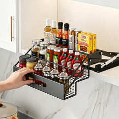 Pull-Down Cabinet Spice Rack, Multi-Tier Kitchen Organizer with Gas-Lift Assist, No-Drill Silent Storage Shelf