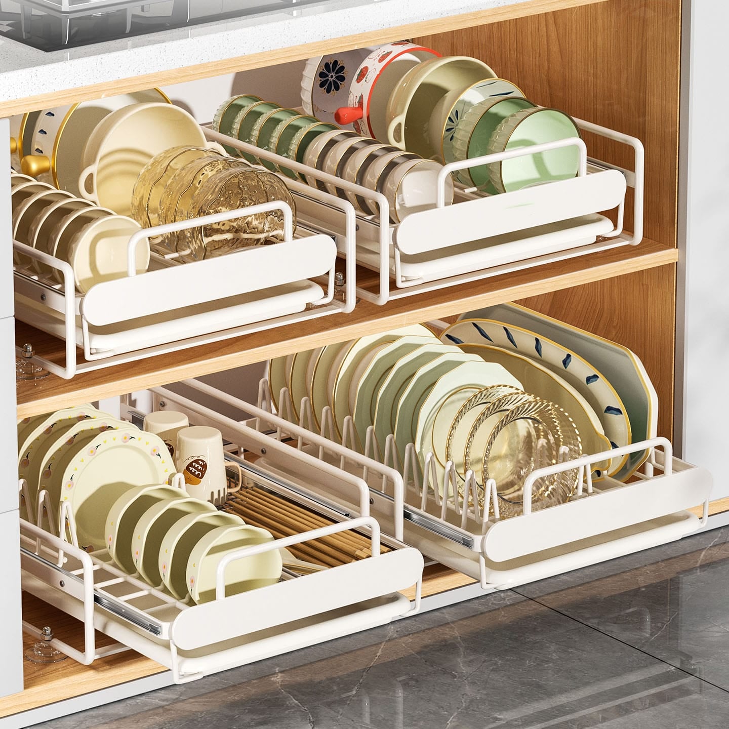 Pull-Out Kitchen Dish Rack Organizer – Cabinet Drawer Basket for Bowls, Plates, Utensils & Drying Storage
