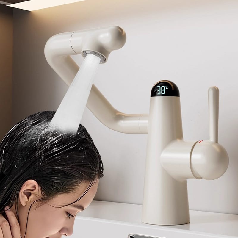 Anti-Splash Brass Faucet with Rotating Design, Digital Display & Modern White/Gunmetal Finish – Smart Bathroom Tap