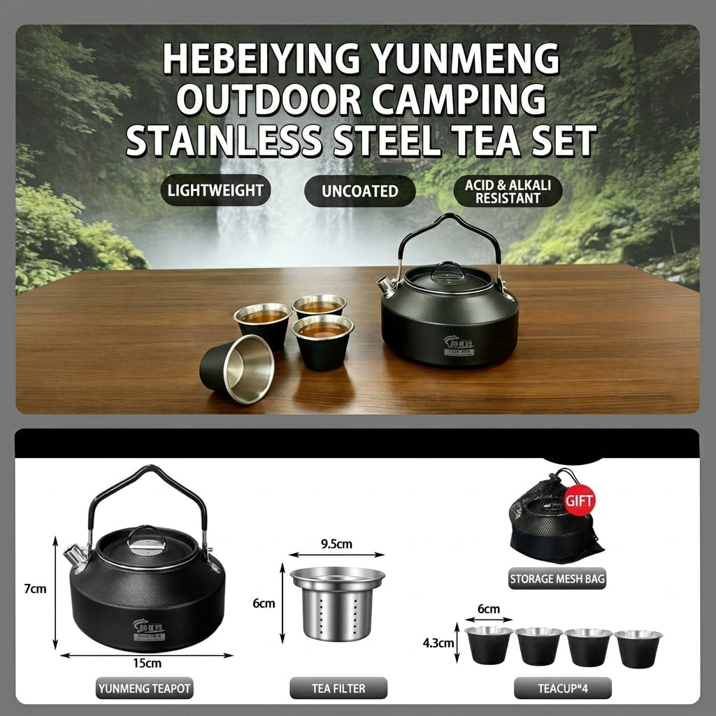 Portable 304 Stainless Steel Tea Set with Teapot for Travel, Camping, Outdoor Brewing & Tea Drinking