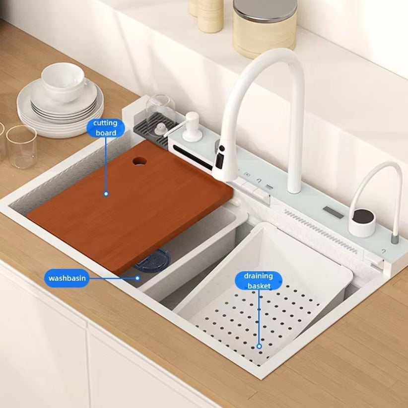 White Kitchen Workstation Sink with Waterfall Design, Temperature Display Faucet, Undermount Kitchen Sink