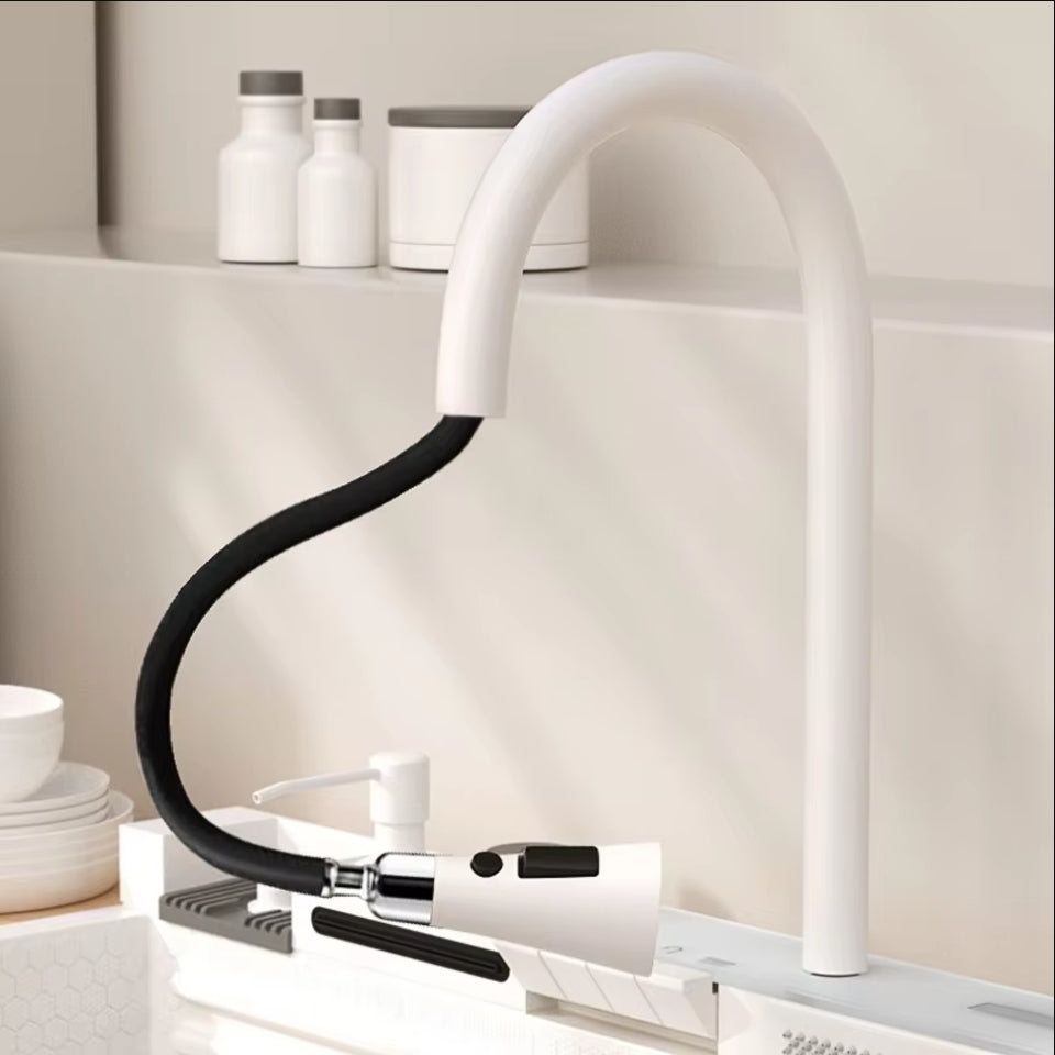 White Kitchen Workstation Sink with Waterfall Design, Temperature Display Faucet, Undermount Kitchen Sink