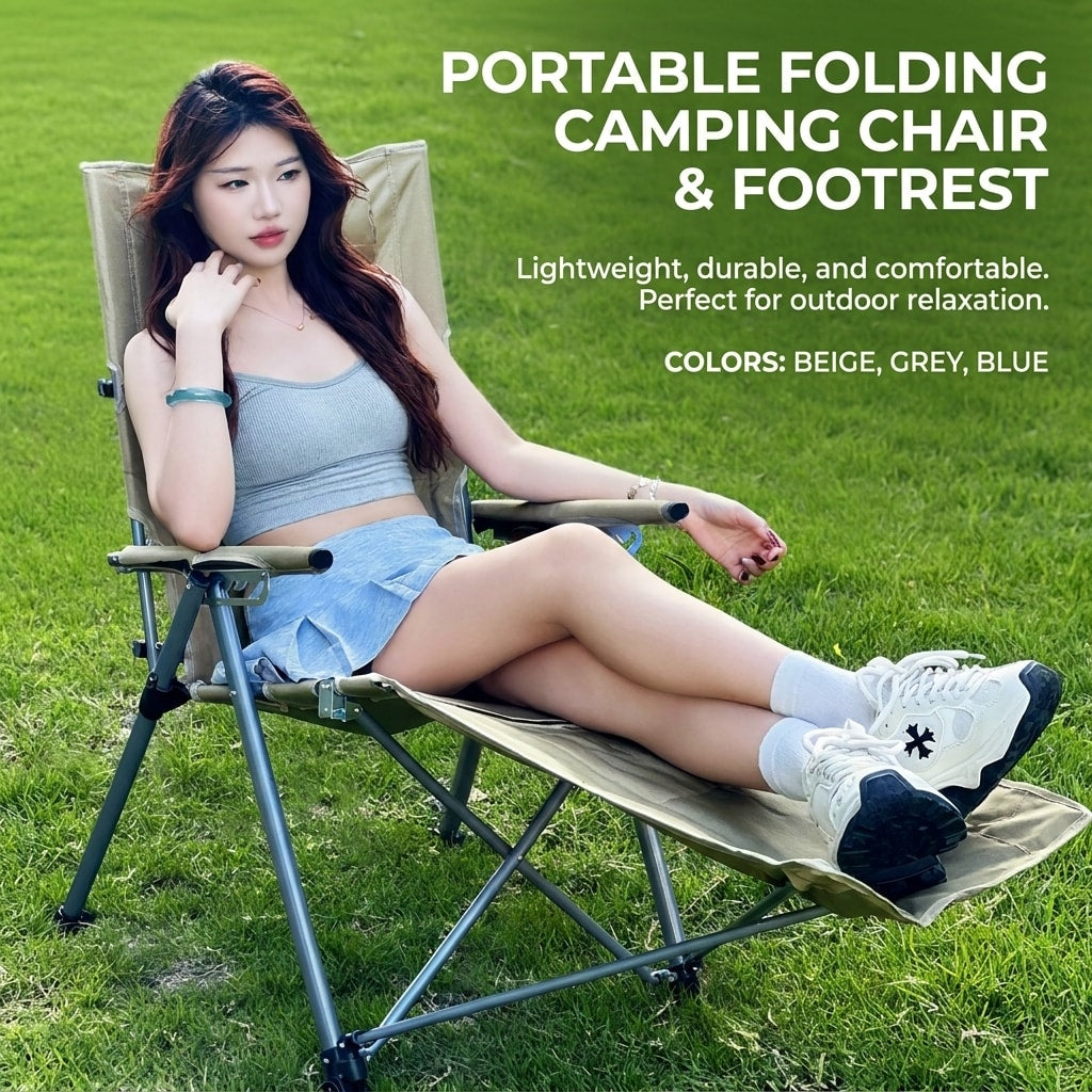 VLEEE Adjustable Folding Camping Chair, High-Back Reclining Outdoor Lounge Chair with Armrests, 200kg Capacity