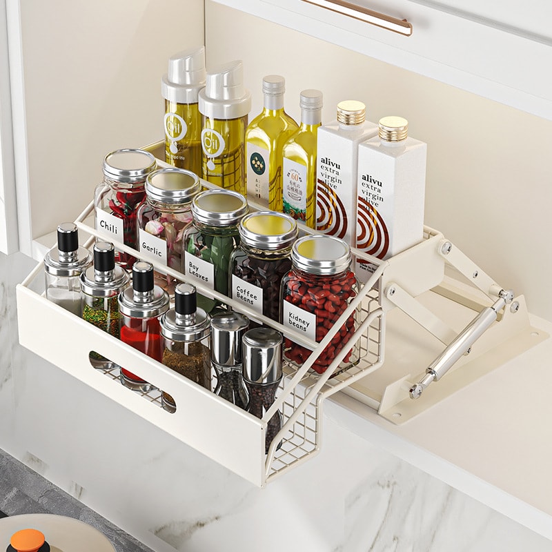 Pull-Down Cabinet Spice Rack, Multi-Tier Kitchen Organizer with Gas-Lift Assist, No-Drill Silent Storage Shelf