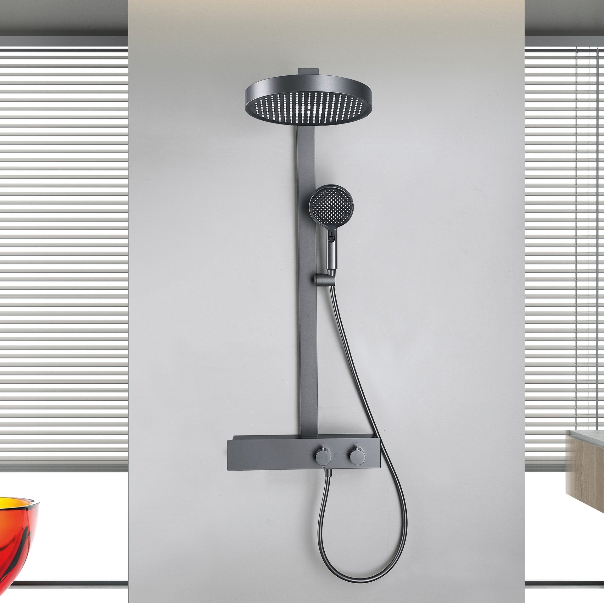VLEEE Wall-Mounted Shower Faucet Set, 3-Function Handheld Shower with Brass Mixer Faucet, Hot & Cold Water & Storage Shelf