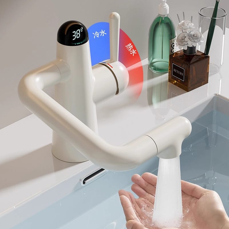 Anti-Splash Brass Faucet with Rotating Design, Digital Display & Modern White/Gunmetal Finish – Smart Bathroom Tap