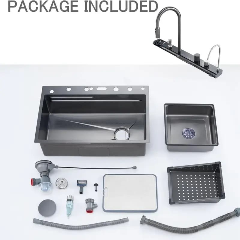 Stainless steel waterfall kitchen sink, integrated faucet and multifunctional wash basin, factory high-end kitchen customization