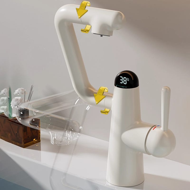 Anti-Splash Brass Faucet with Rotating Design, Digital Display & Modern White/Gunmetal Finish – Smart Bathroom Tap