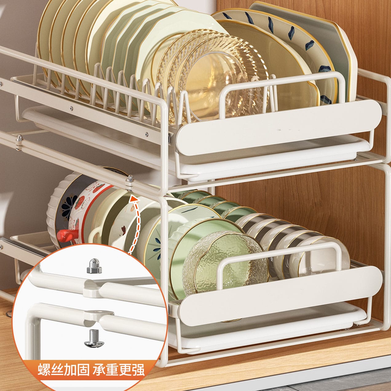 Pull-Out Kitchen Dish Rack Organizer – Cabinet Drawer Basket for Bowls, Plates, Utensils & Drying Storage