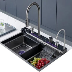 Stainless steel waterfall kitchen sink, integrated faucet and multifunctional wash basin, factory high-end kitchen customization