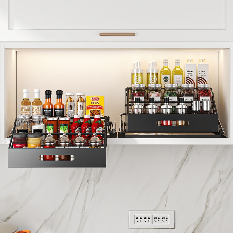 Pull-Down Cabinet Spice Rack, Multi-Tier Kitchen Organizer with Gas-Lift Assist, No-Drill Silent Storage Shelf