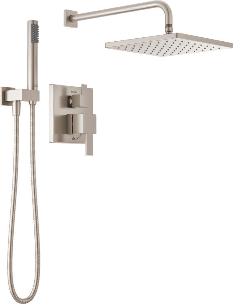 Delta Modern 14 Series Square Rain Shower System Faucet Set, Rainfall Matte Black Shower Head and Handle Set, Valve Trim Kit, 10 Inch, Matte Black 342701-BL