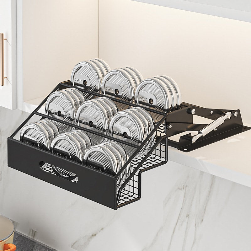 Pull-Down Cabinet Spice Rack, Multi-Tier Kitchen Organizer with Gas-Lift Assist, No-Drill Silent Storage Shelf