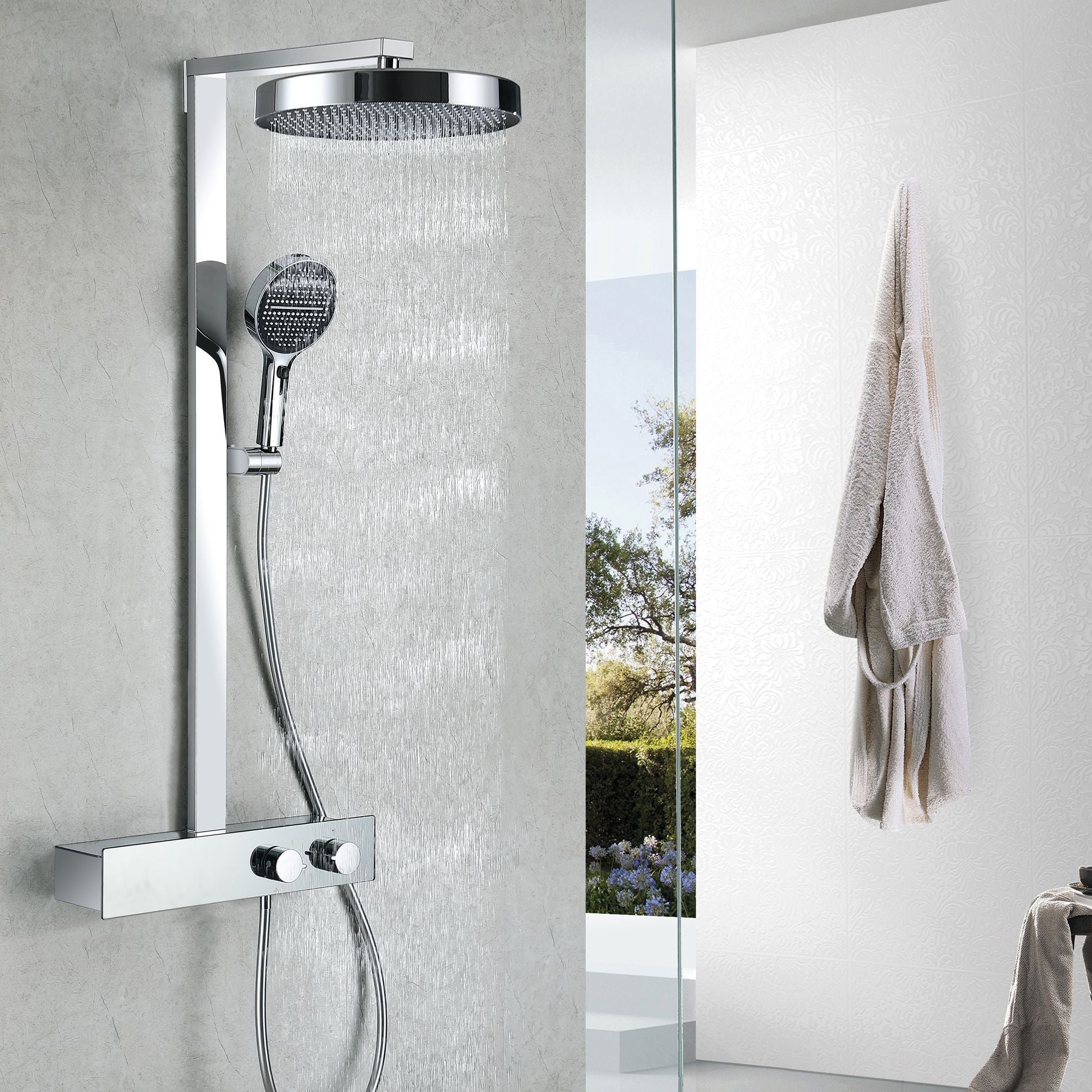 VLEEE Wall-Mounted Shower Faucet Set, 3-Function Handheld Shower with Brass Mixer Faucet, Hot & Cold Water & Storage Shelf