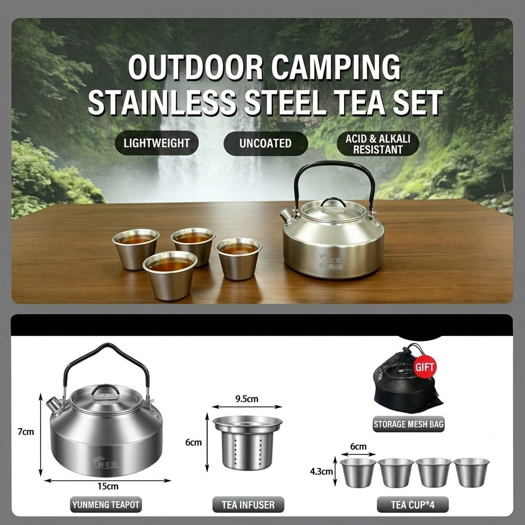 Portable 304 Stainless Steel Tea Set with Teapot for Travel, Camping, Outdoor Brewing & Tea Drinking