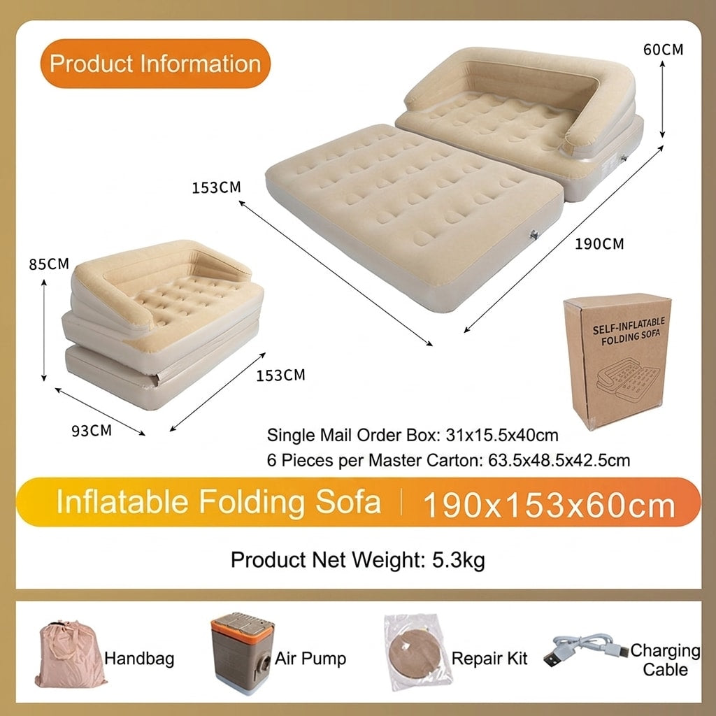 High Back Inflatable Camping Sofa Bed with Automatic Pump, Foldable Outdoor Air Lounger Chair for Home & Travel