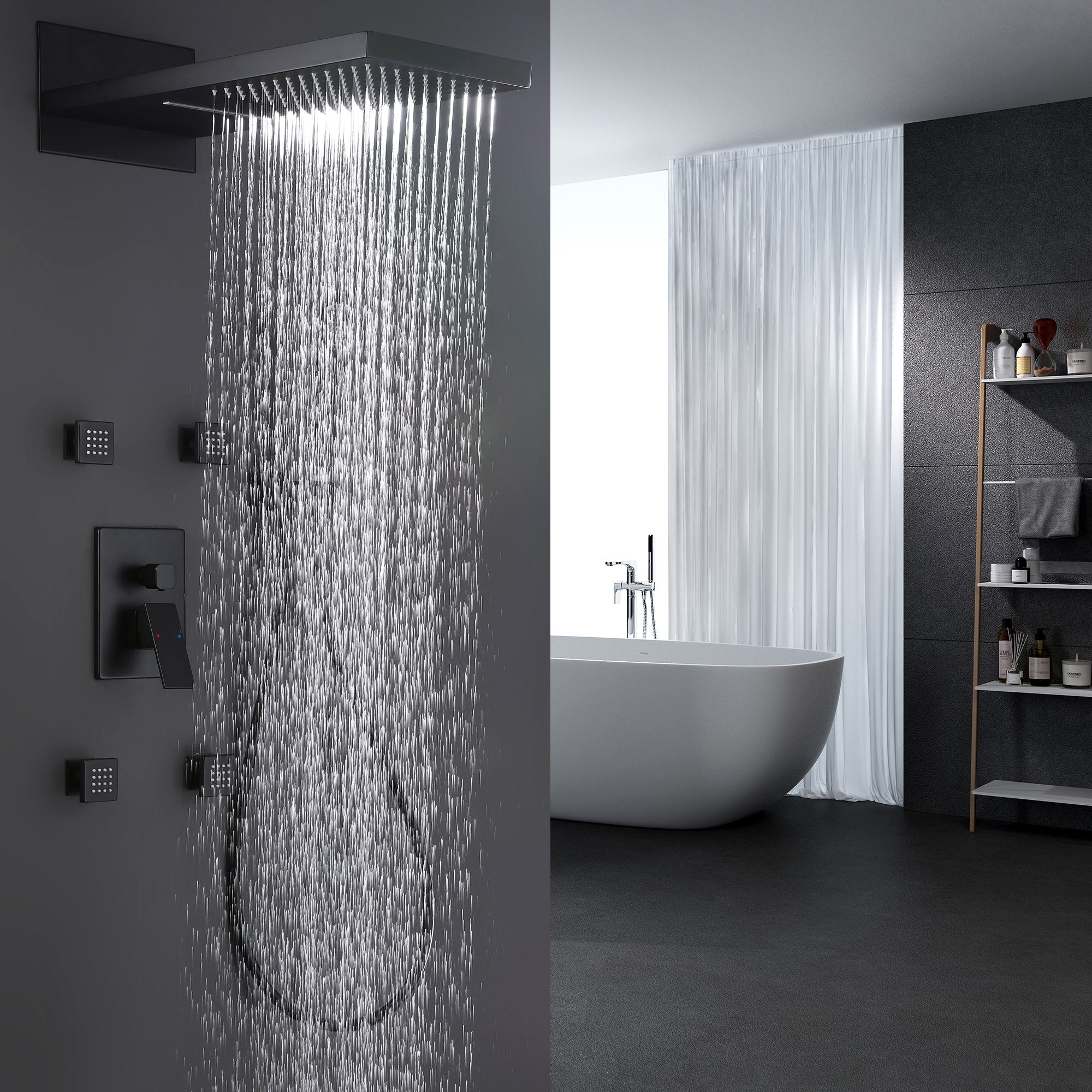 XYlivingstore Luxury Pressure Balanced Water In-Wall Luxury Waterfall Shower System with Hand Shower and Body Sprays – Pressure Balanced Designfall Shower System with Hand Shower & Body Jets