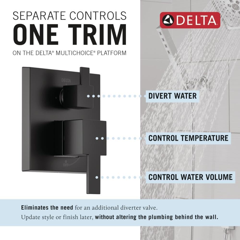 Delta Modern 14 Series Square Rain Shower System Faucet Set, Rainfall Matte Black Shower Head and Handle Set, Valve Trim Kit, 10 Inch, Matte Black 342701-BL