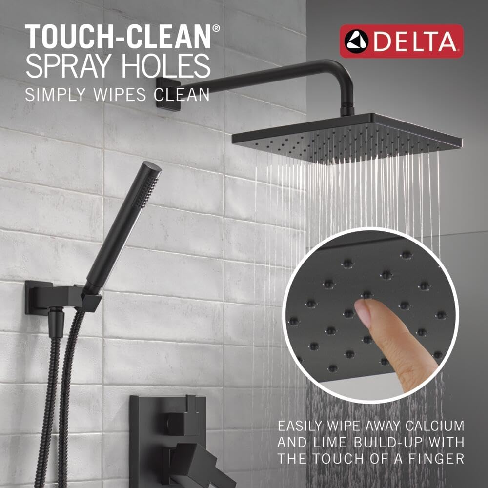 Delta Modern 14 Series Square Rain Shower System Faucet Set, Rainfall Matte Black Shower Head and Handle Set, Valve Trim Kit, 10 Inch, Matte Black 342701-BL
