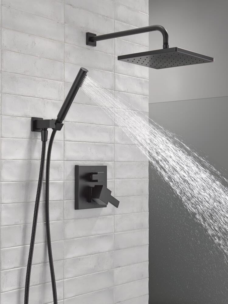 Delta Modern 14 Series Square Rain Shower System Faucet Set, Rainfall Matte Black Shower Head and Handle Set, Valve Trim Kit, 10 Inch, Matte Black 342701-BL